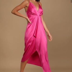Lulu’s Pink Caught Feelings Hot Pink Satin Ruffled Midi Dress. New with Tags!!